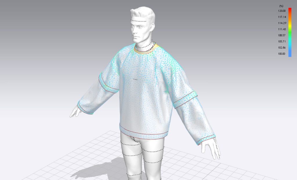 Une modélisation 3D d'un mannequin masculin portant un sweat-shirt à manches longues. Le vêtement est recouvert d'un maillage filaire bleu montrant des zones de tension colorées en vert et orange sur les épaules. Une échelle de valeurs numériques sur le côté droit indique les pourcentages de pression ou d'élasticité.