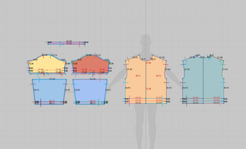 Un patron de couture numérique détaillé pour le vêtement Abela, affiché sur un logiciel de conception 2D. On y voit différentes pièces colorées (manches, buste) avec des mesures et des points de repère techniques, superposés à la silhouette en transparence d'un corps humain.