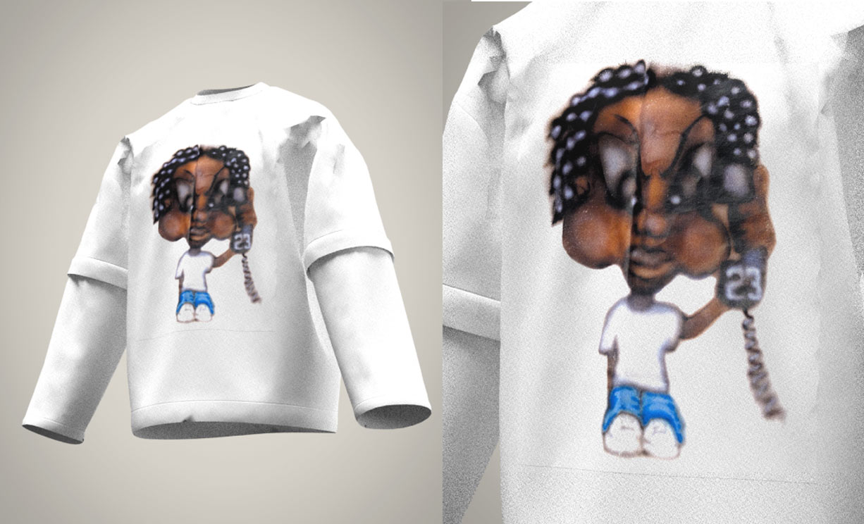 Image d'un t-shirt blanc à manches longues présentant un graphisme de style graffiti/aérographe au centre. Le dessin représente un personnage caricaturé avec des tresses, tenant un téléphone marqué du chiffre « 23 ». À droite, un zoom montre les détails de l'illustration.