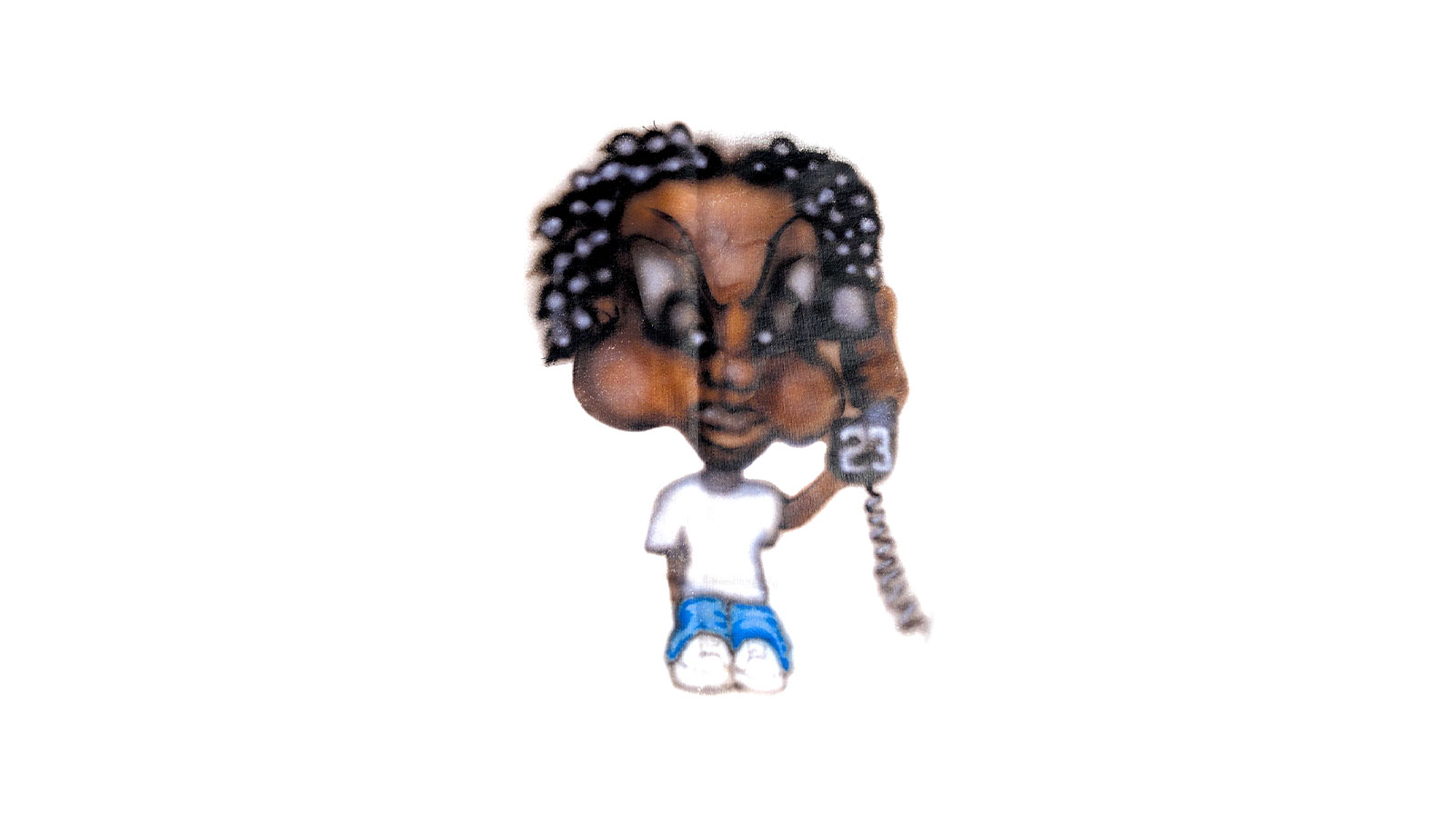 Illustration de style graffiti d'un petit personnage de bande dessinée aux cheveux tressés, portant un t-shirt blanc et un pantalon bleu, tenant un téléphone à l'oreille.