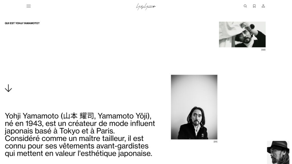 Portrait en noir et blanc du créateur de mode Yohji Yamamoto avec un texte de présentation biographique.