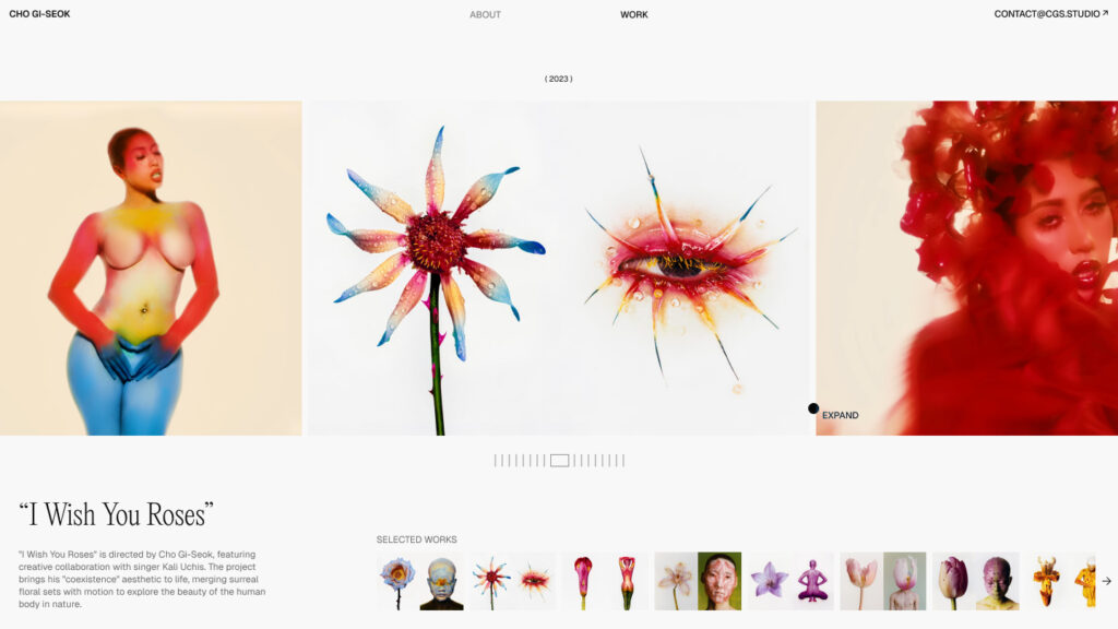 Présentation du projet « I Wish You Roses ». Une large bannière centrale montre des visuels surréalistes mêlant corps et fleurs colorées. En dessous, une galerie de vignettes permet de naviguer parmi les œuvres sélectionnées.