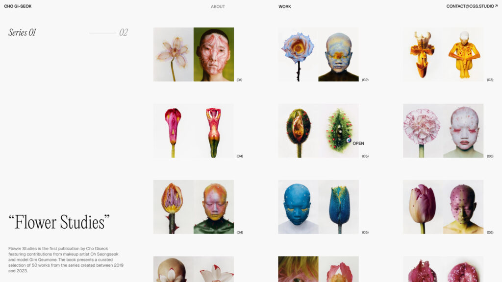 Galerie de photos surréalistes intitulée « Flower Studies ». Une grille de portraits colorés où des visages humains sont mis en parallèle avec des fleurs et des éléments organiques sur un fond blanc minimaliste.