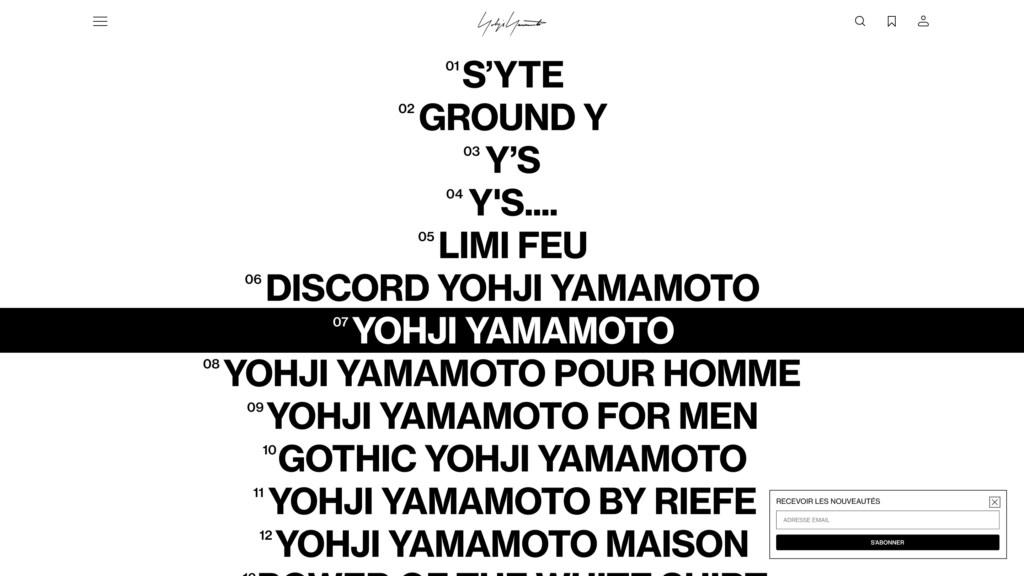 Liste textuelle des différentes lignes et marques du groupe Yohji Yamamoto comme S'YTE, Ground Y et Y's.