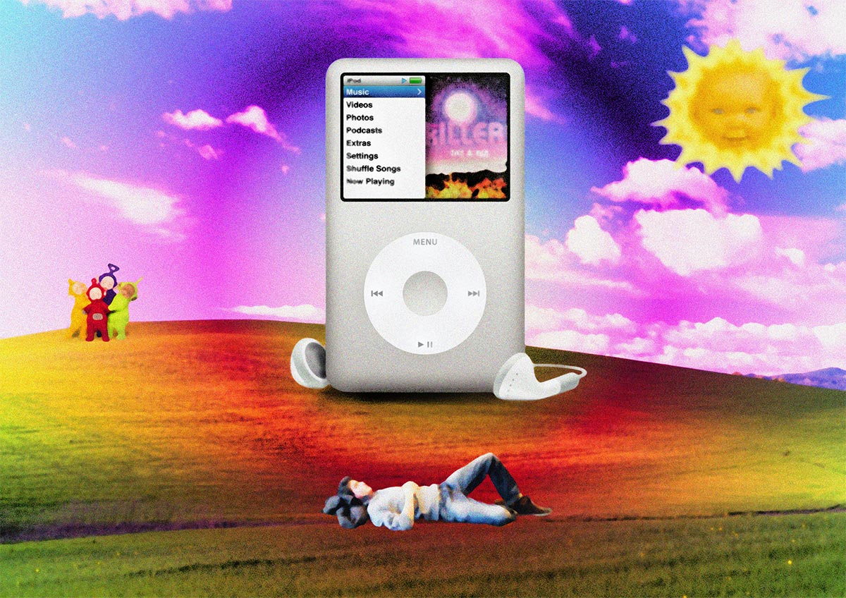 Montage visuel surréaliste et coloré incluant un iPod Classic, le fond d'écran Windows XP, les Télétubbies et une esthétique rétro des années 2000.
