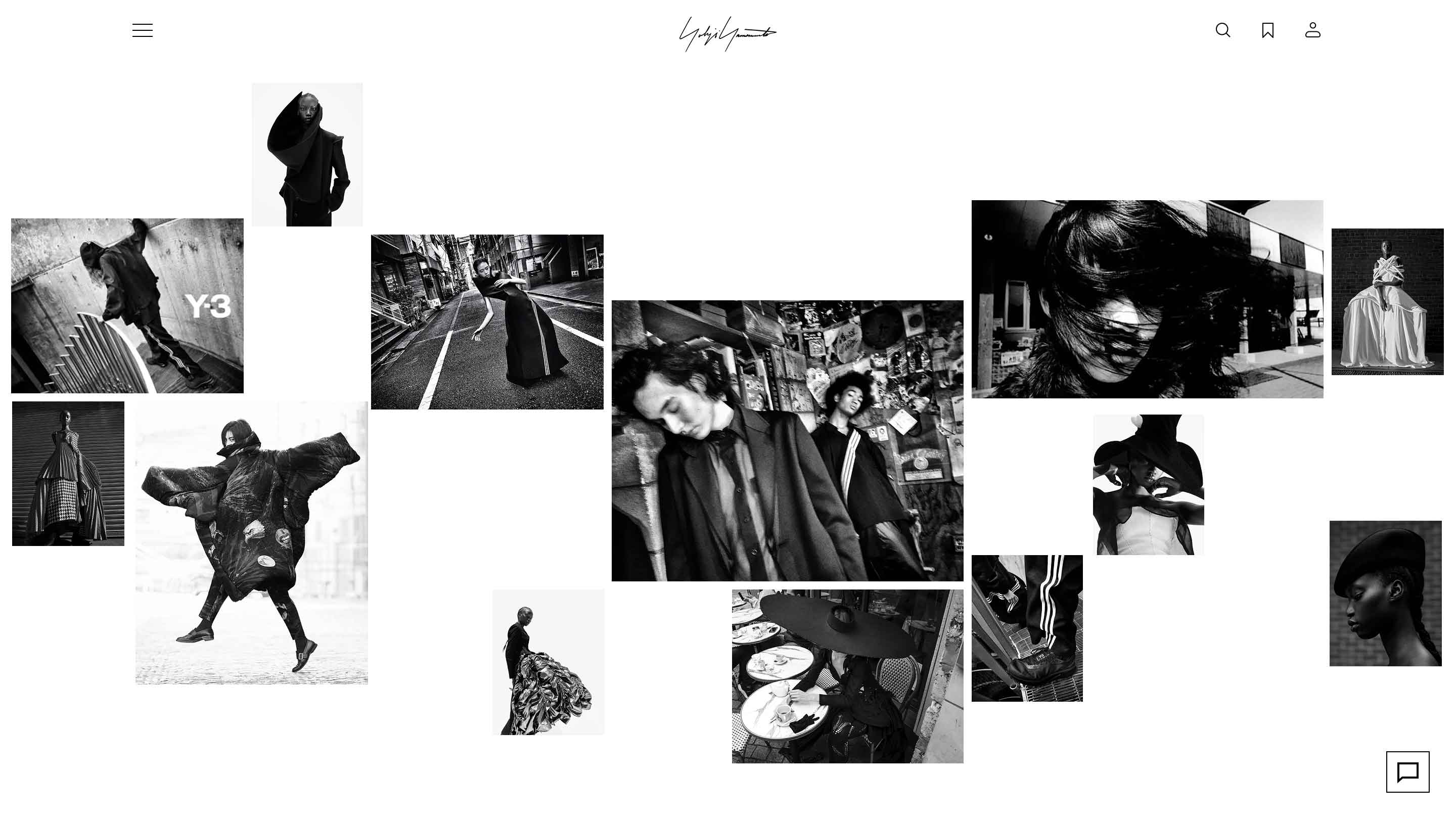 Composition en mosaïque de photographies de mode artistiques en noir et blanc illustrant l'univers avant-gardiste de Yohji Yamamoto.