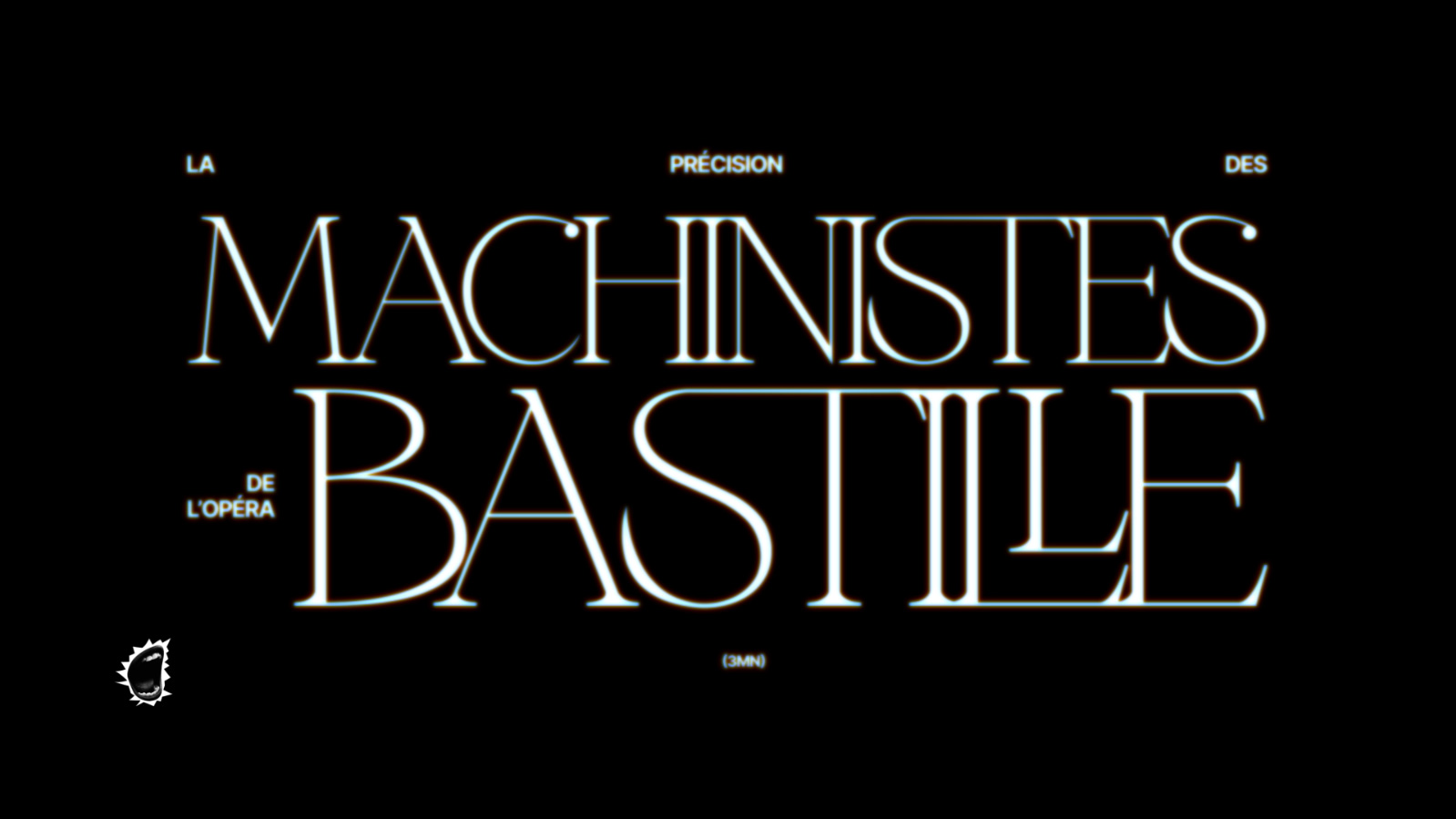 Affiche textuelle en noir et blanc avec une typographie élégante et stylisée sur fond noir. Le texte principal affiche « MACHINISTES BASTILLE » en grandes lettres, entouré de mentions plus petites : « LA PRÉCISION DES » en haut et « DE L'OPÉRA » sur le côté.