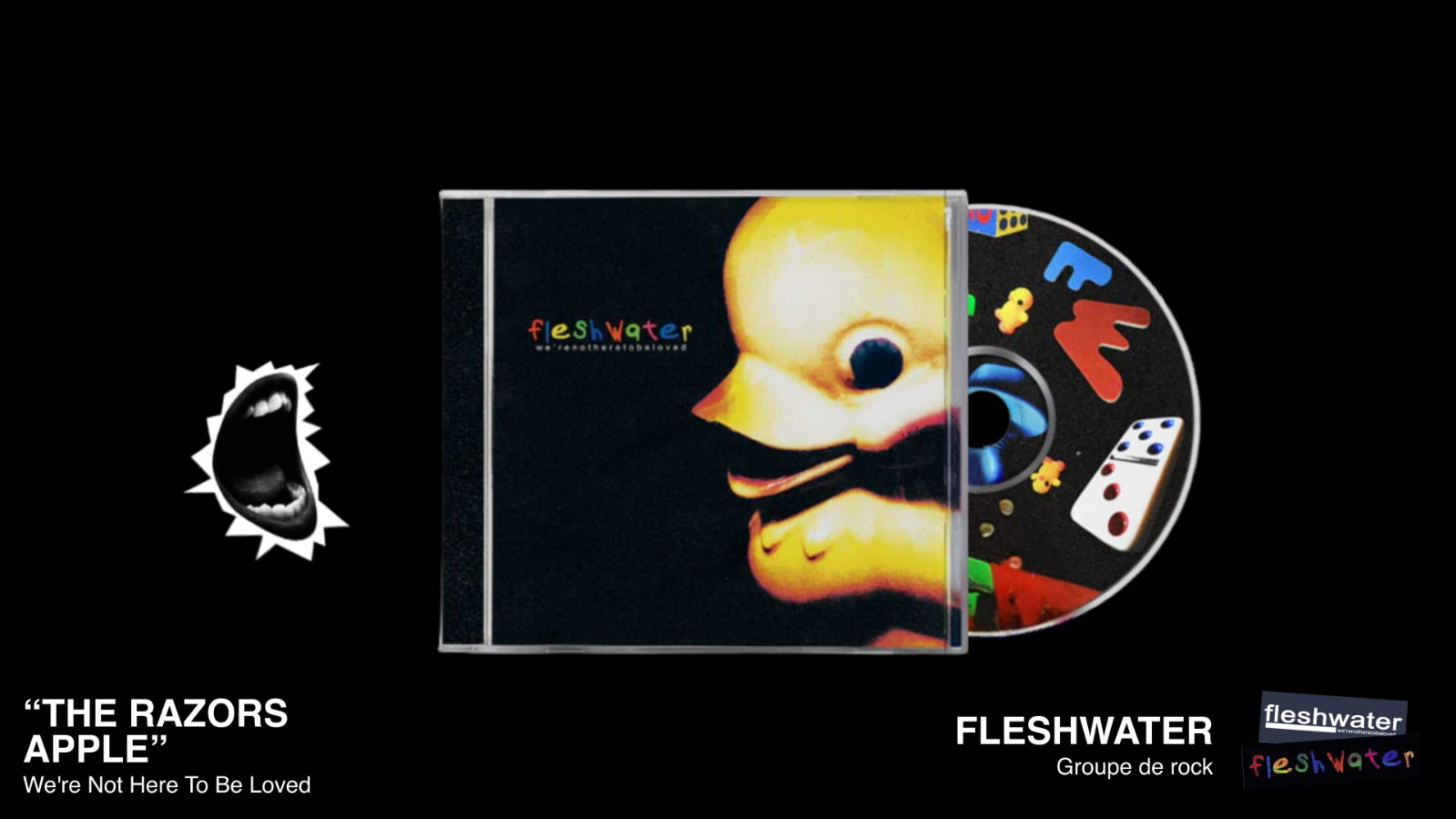 Visuel pour le groupe de rock Fleshwater : on y voit la pochette d'un CD montrant un canard en plastique jaune sur fond noir, le disque assorti, et les titres « THE RAZORS APPLE » et « We're Not Here To Be Loved » écrits en blanc.