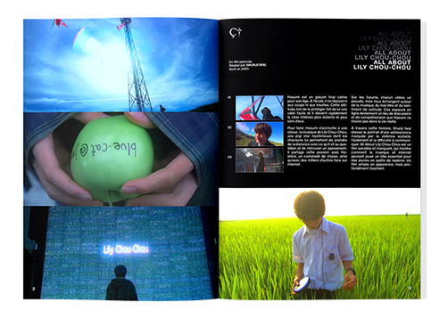 La page de gauche se compose de trois parties horizontales : un pylône électrique sous un ciel bleu lumineux, des mains tenant une pomme verte marquée d'une inscription, et une personne de dos face à un écran affichant le titre du film "Lily Chou-Chou" La page de droite présente un fond noir avec des colonnes de texte blanc et trois petites miniatures. En bas, une large photographie montre un jeune garçon dans un champ de riz, qui a ses écouteurs et tient un baladeur CD.