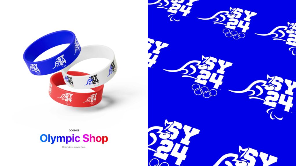 Image divisée en deux parties. À gauche, un visuel de la boutique olympique présentant trois bracelets en silicone bleu, blanc et rouge avec le logo SYD24. À droite, une application du motif de marque montrant le logo et le kangourou répétés en blanc sur un fond bleu électrique avec une perspective dynamique.