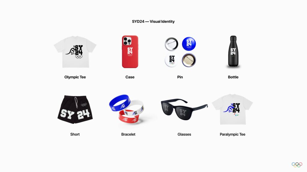 Planche de présentation des produits dérivés officiels SYD24 sur fond blanc. On y voit huit articles : un t-shirt olympique blanc, une coque de téléphone rouge, des pin's, une gourde noire, un short de sport noir, des bracelets en silicone colorés, des lunettes de soleil et un t-shirt paralympique. Chaque objet arbore le logo SYD24.